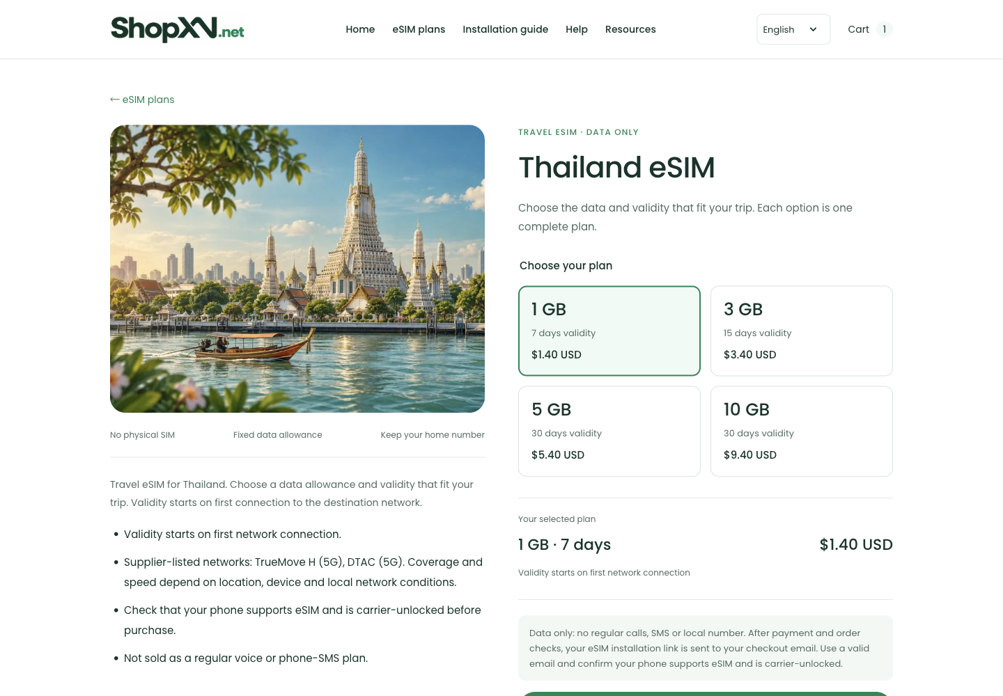 Fiche produit Thaïlande : volume de données, durée de validité, prix et récapitulatif du forfait choisi.