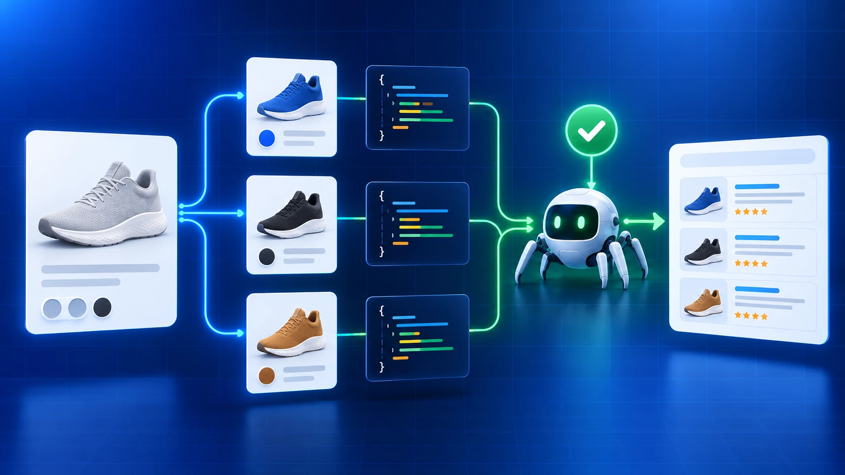 A parent product connected to three variants, their structured data records and a validated search listing