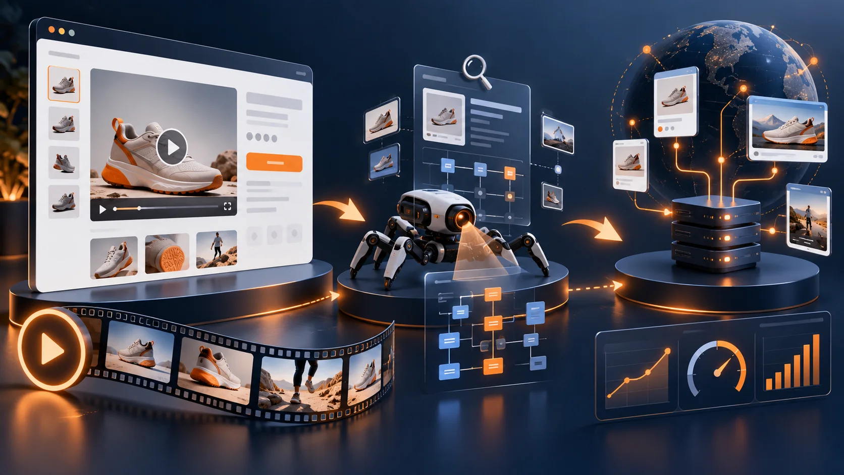 A Shopify product video moving from a storefront through crawler validation into catalog distribution