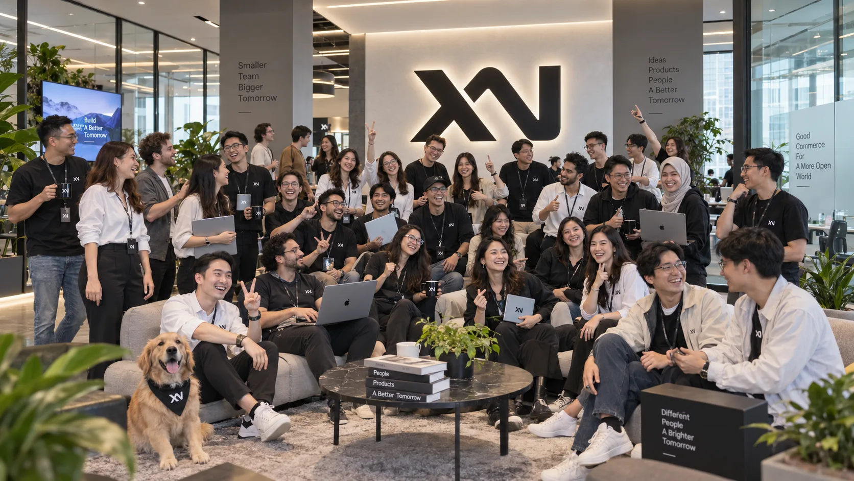 带有 ShopXN 标识的多人协作品牌场景示意
