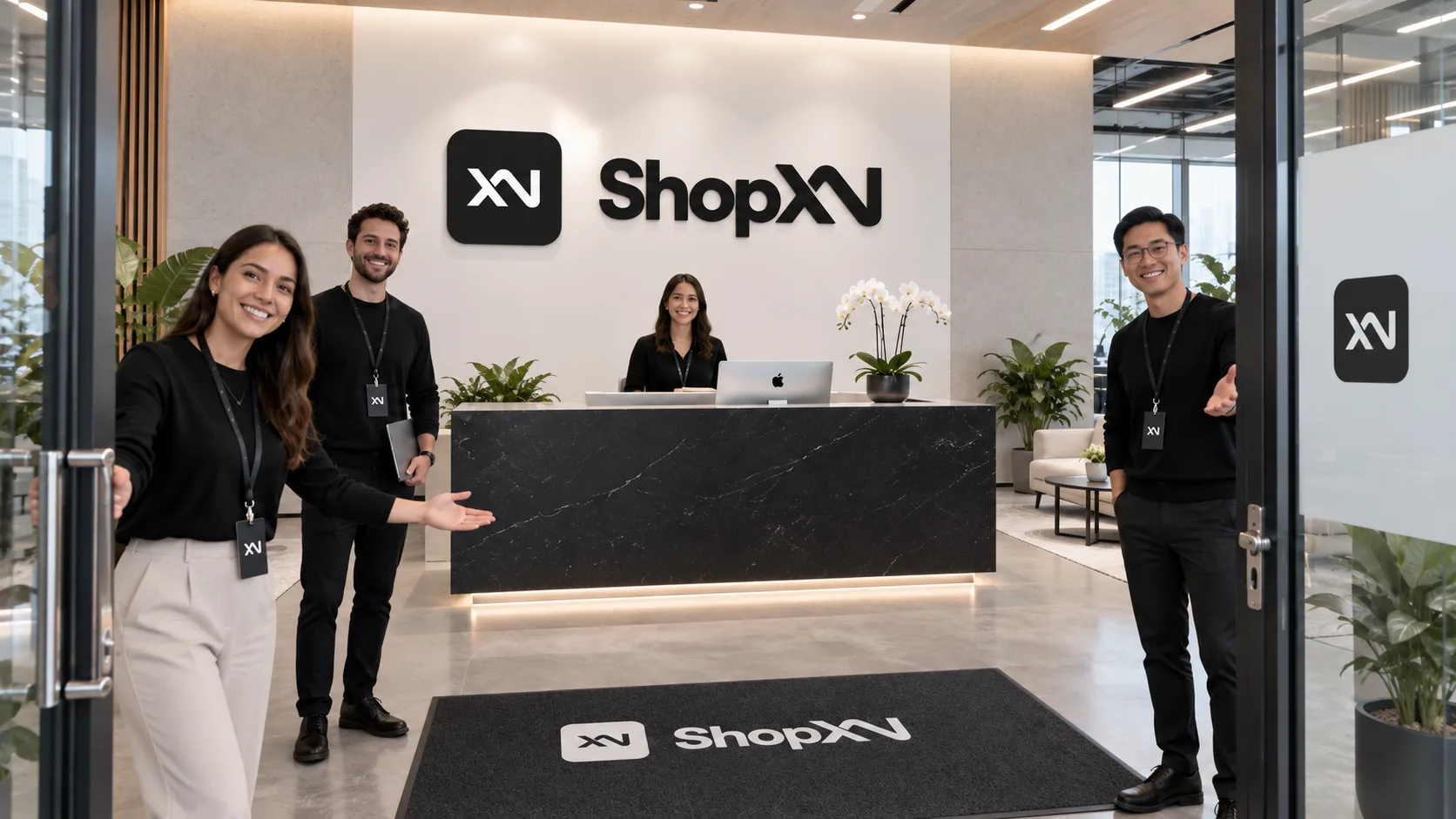 ShopXN 标识与办公接待空间的品牌场景示意